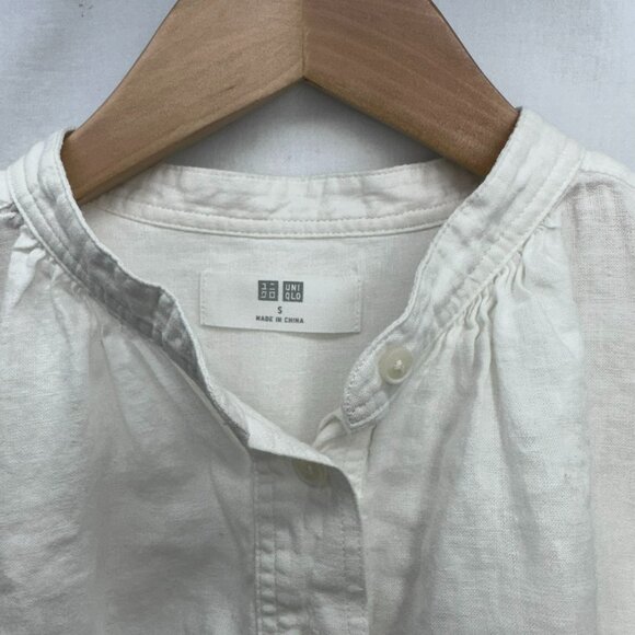 Uniqlo Linen Short Sleeve Button Up Blouse White GUC Women Size Small Hi Low Top - Picture 3 of 9